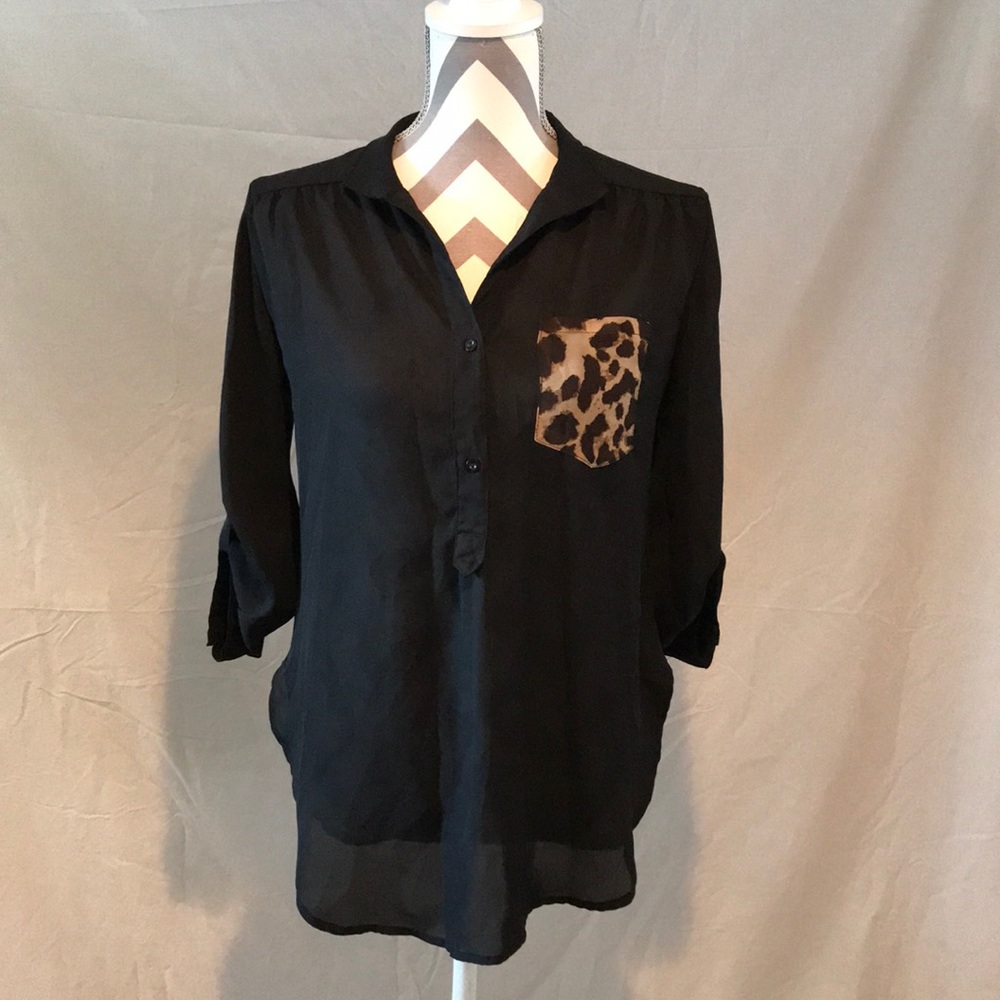 Sheer Button Down Top w Leopard